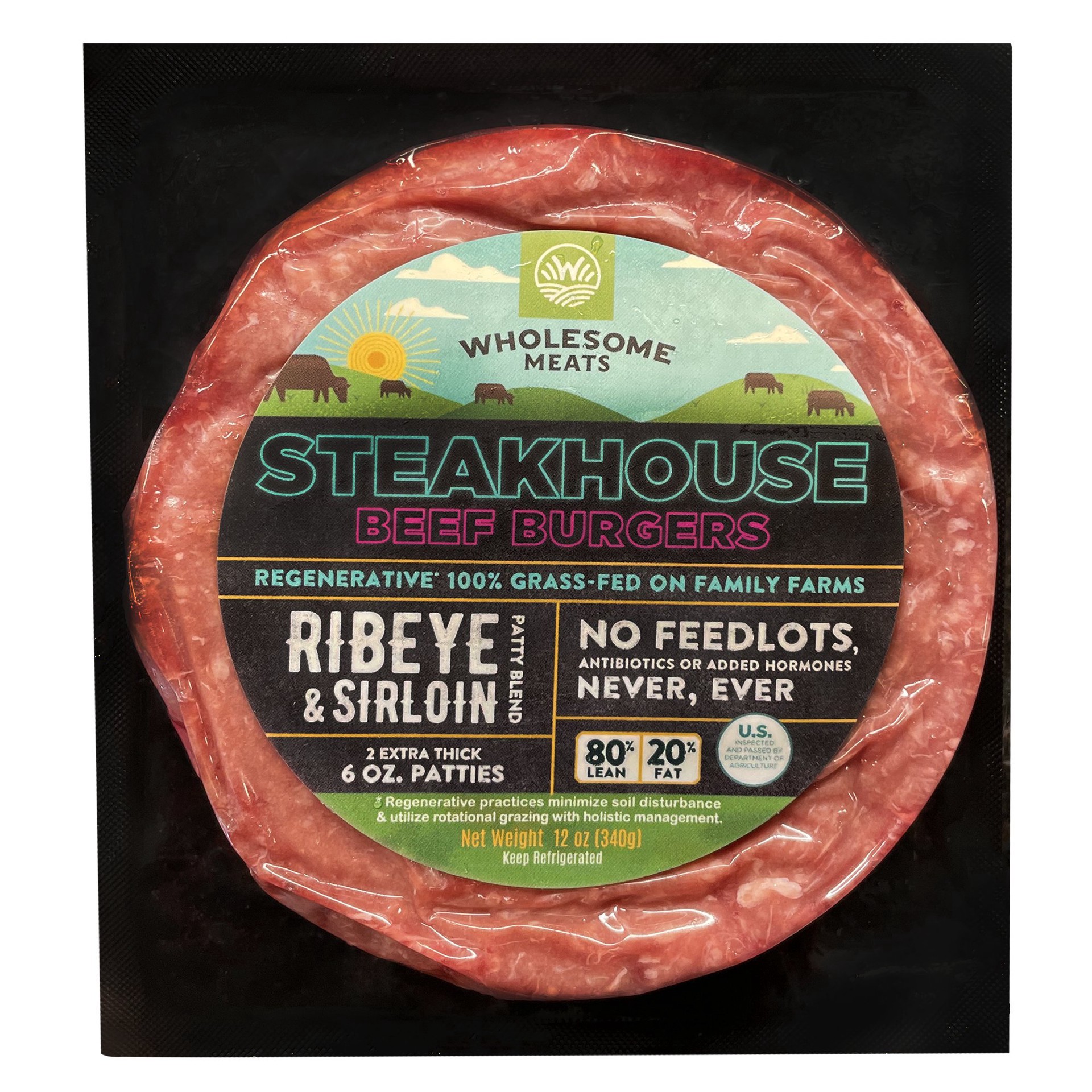 slide 1 of 1, Wholesome Meats Regenerative Grass Fed Steakhouse Beef Burgers, 80% Lean, 12 oz