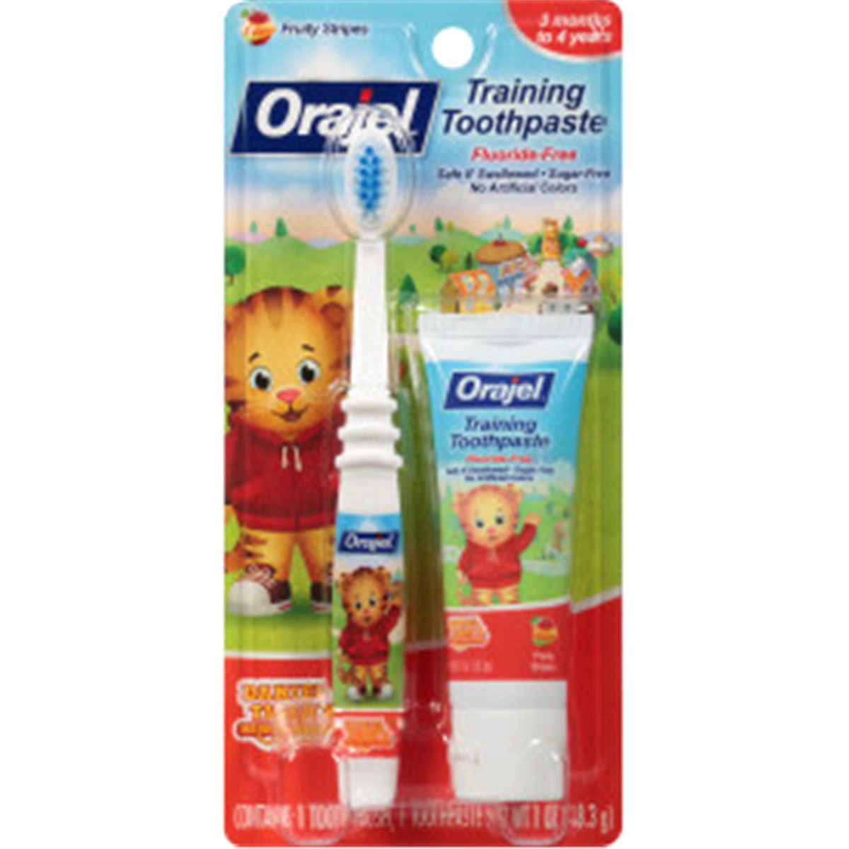 slide 1 of 1, Orajel Daniel Tiger’s Neighborhood Fluoride-Free Training Toothpaste & Toothbrush Combo Pack, Fruity Stripes, 0.33 oz