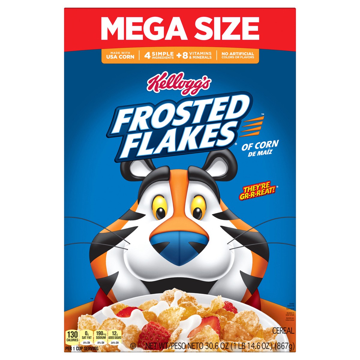slide 1 of 13, Kellogg's Frosted Flakes Breakfast Cereal, Kids Cereal, Family Breakfast, Mega Size, Original, 30.6oz Box (1 Box), 28.5 oz