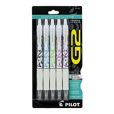 slide 1 of 1, Pilot G2 White Fashion Retractable Gel Ink Rolling Ball Pen, Fine Point, Assorted Barrels, Assorted Inks (Black, Turquoise, Pink, Lime, Purple), 5 ct