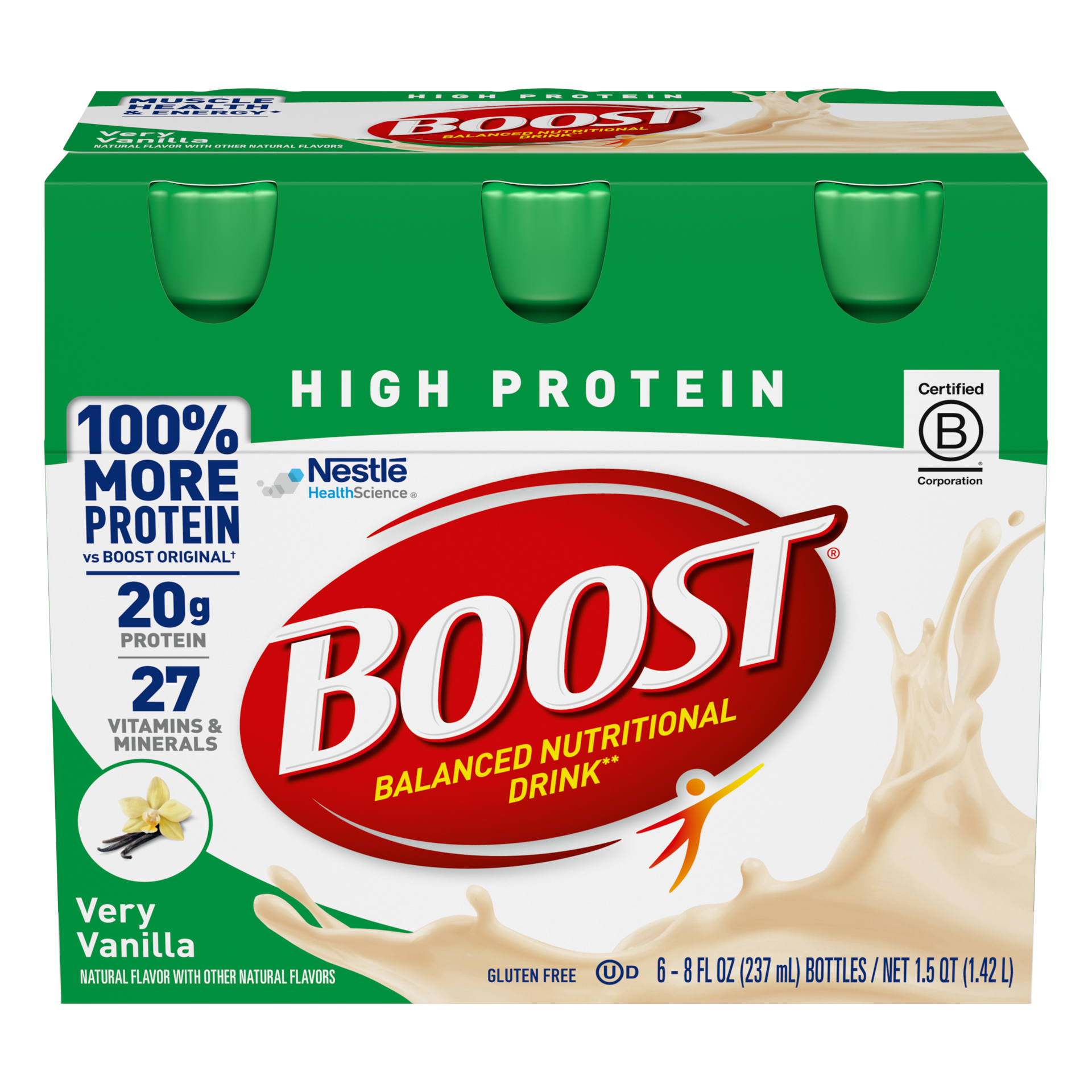 slide 1 of 9, Boost High Protein Nutritional Drink, Very Vanilla, 20 g Protein, 6 - 8 fl oz Bottles, 8 fl oz