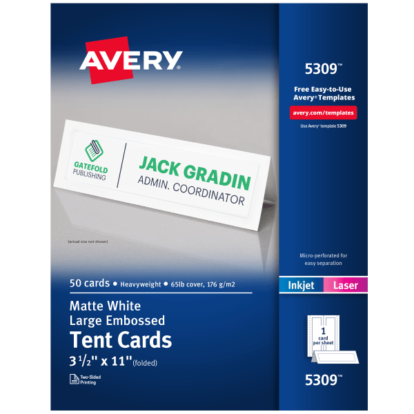 slide 1 of 7, Avery Inkjet/Laser Tent Cards, Embossed, FSC Certified, White, 50 ct; 3 1/2 in x 11 in