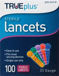 TRUEplus 33 Gauge Sterile Lancets 100 ea