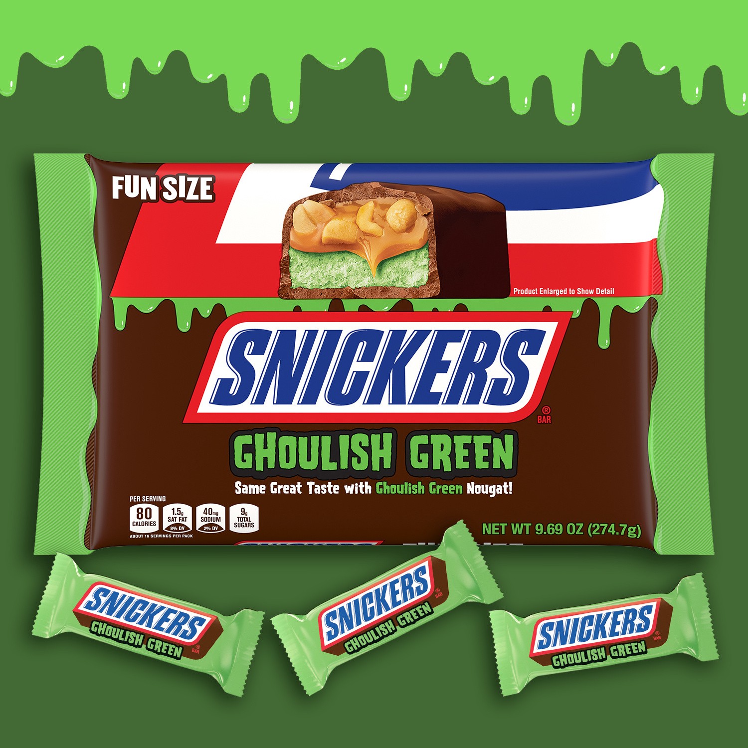 slide 3 of 8, SNICKERS Ghoulish Green Fun Size Chocolate Halloween Candy Bars, 9.69 oz Bag, 9.69 oz