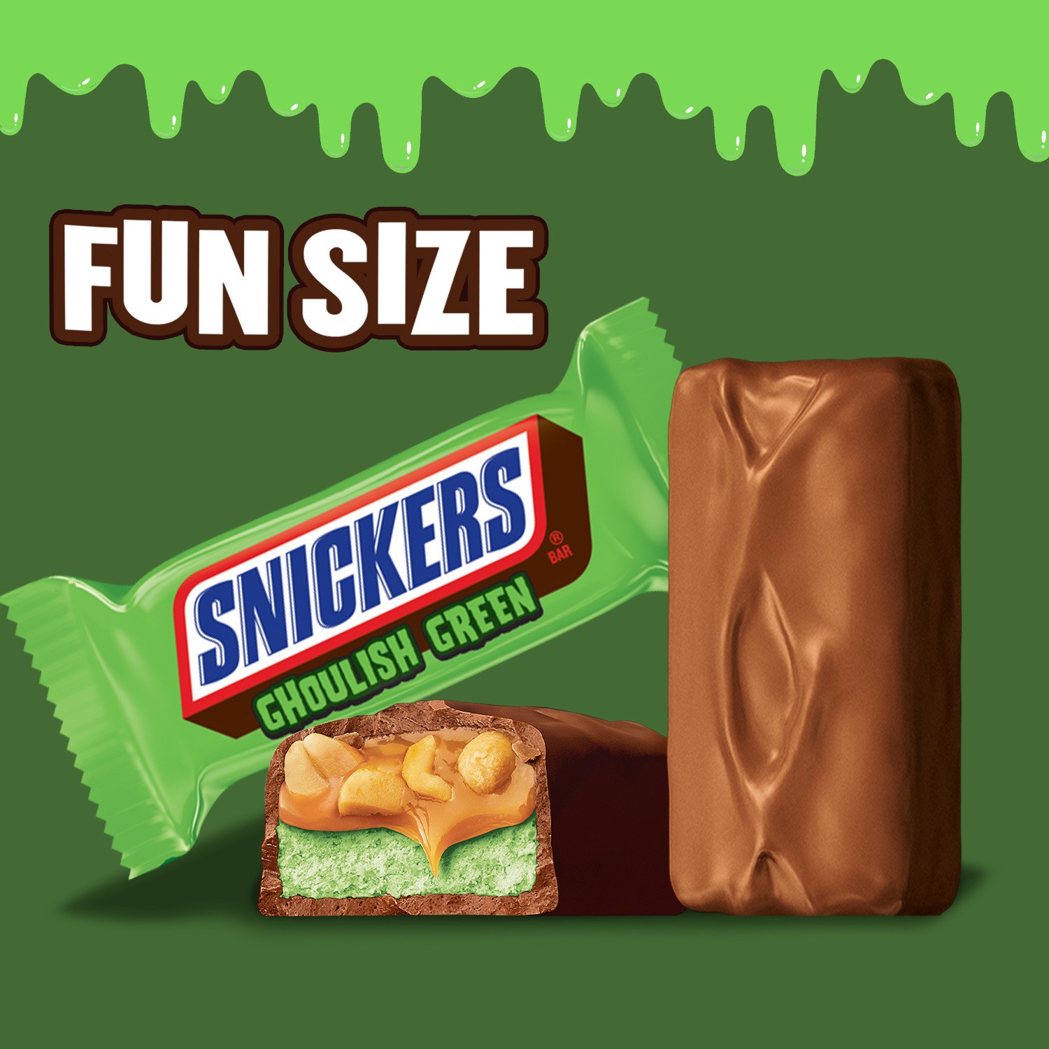 slide 8 of 8, SNICKERS Ghoulish Green Fun Size Chocolate Halloween Candy Bars, 9.69 oz Bag, 9.69 oz