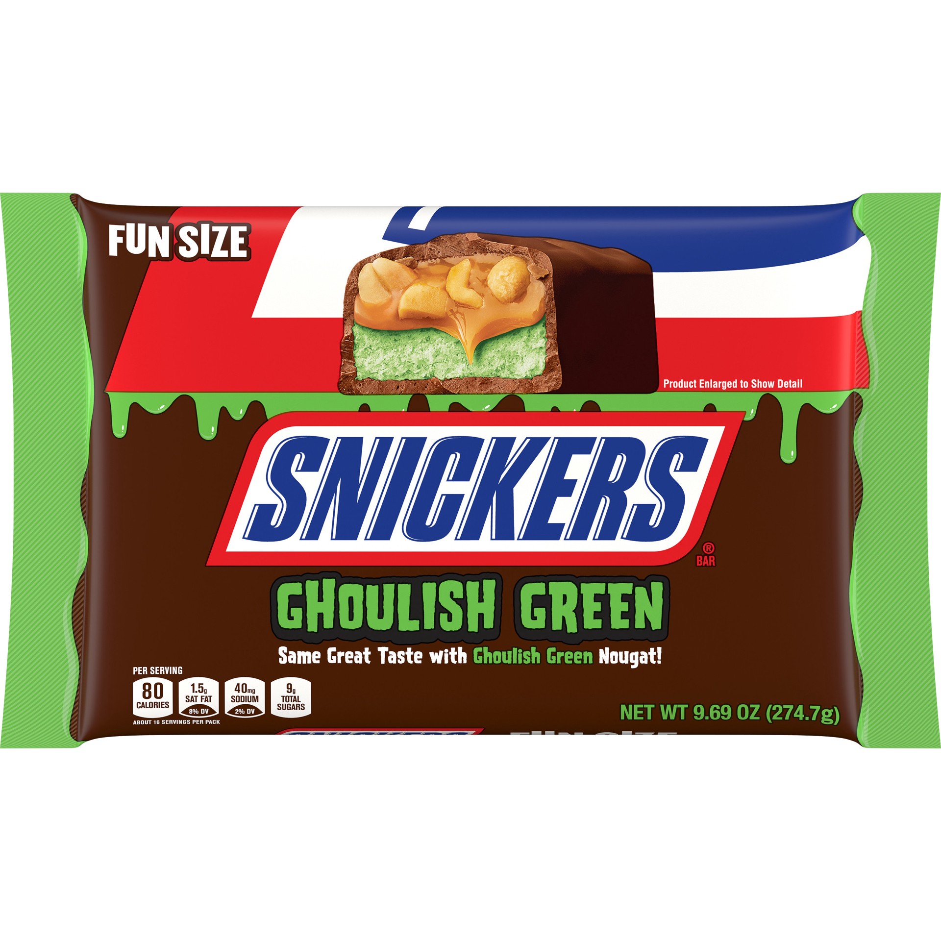 slide 1 of 8, SNICKERS Ghoulish Green Fun Size Chocolate Halloween Candy Bars, 9.69 oz Bag, 9.69 oz