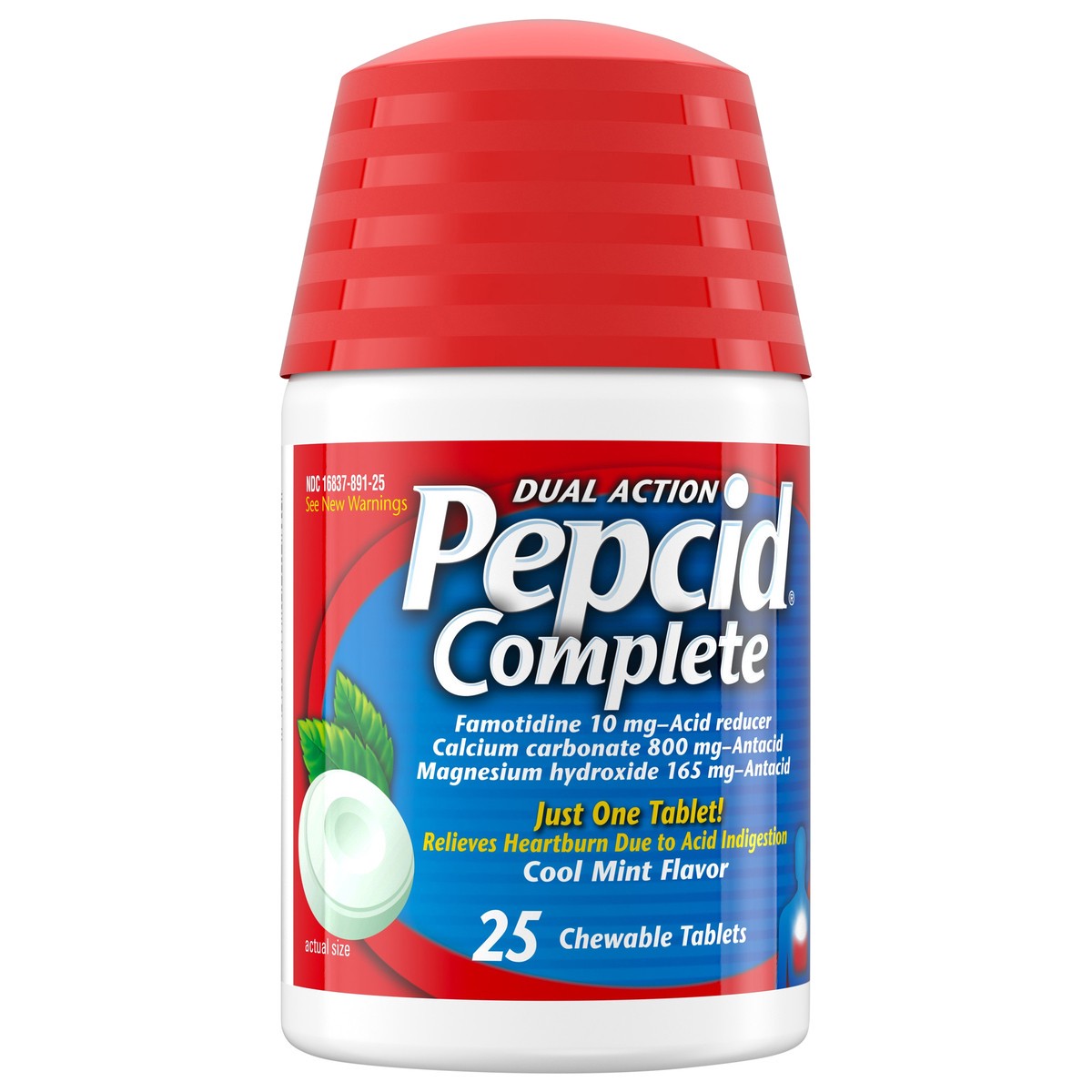 slide 5 of 7, Pepcid Complete Acid Reducer + Antacid Chewables, 10 mg Famotidine, 800 mg Calcium Carbonate & 165 mg Magnesium Hydroxide per tablet, Fast Heartburn, Mint, 25 ct, 25 ct