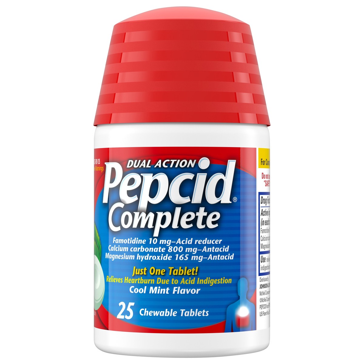 slide 4 of 7, Pepcid Complete Acid Reducer + Antacid Chewables, 10 mg Famotidine, 800 mg Calcium Carbonate & 165 mg Magnesium Hydroxide per tablet, Fast Heartburn, Mint, 25 ct, 25 ct