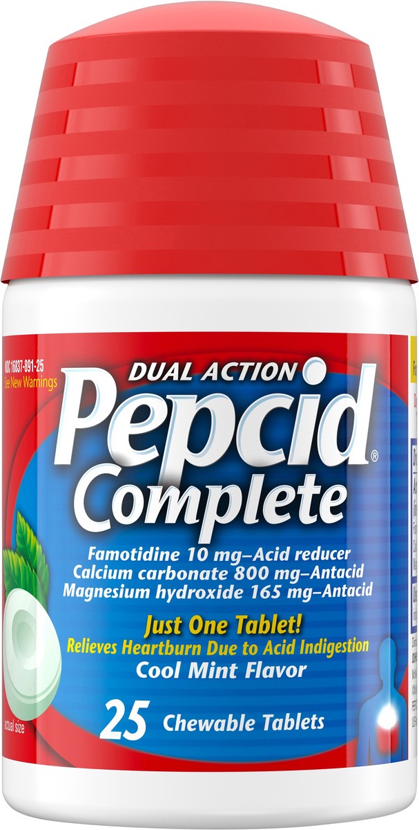 slide 7 of 7, Pepcid Complete Acid Reducer + Antacid Chewables, 10 mg Famotidine, 800 mg Calcium Carbonate & 165 mg Magnesium Hydroxide per tablet, Fast Heartburn, Mint, 25 ct, 25 ct