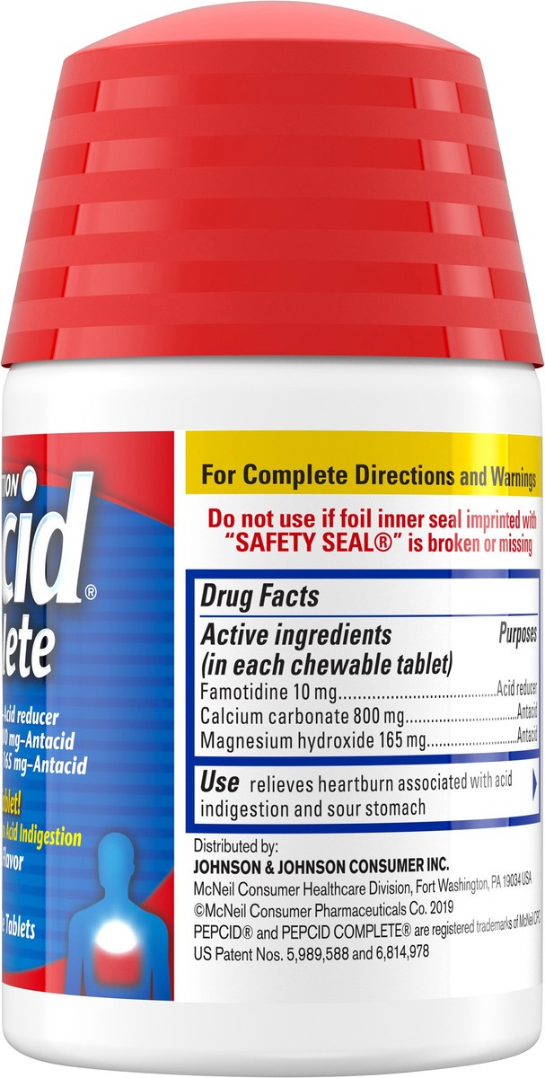 slide 3 of 7, Pepcid Complete Acid Reducer + Antacid Chewables, 10 mg Famotidine, 800 mg Calcium Carbonate & 165 mg Magnesium Hydroxide per tablet, Fast Heartburn, Mint, 25 ct, 25 ct