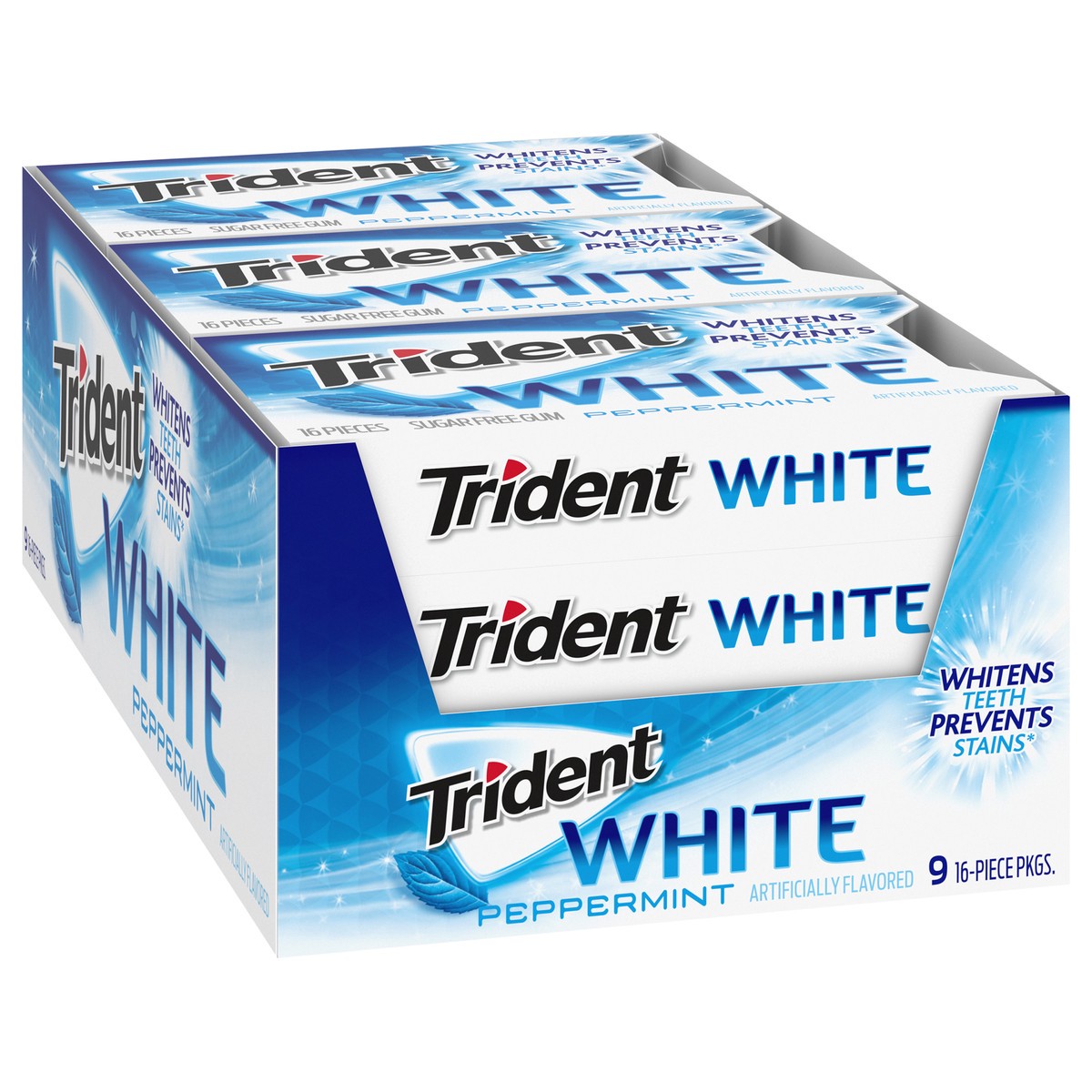 slide 7 of 9, Trident White Peppermint Sugar Free Gum, 9 Packs of 16 Pieces (144 Total Pieces), 7.16 oz