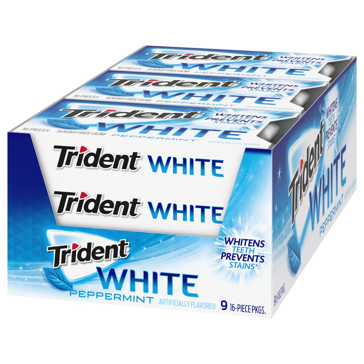 slide 2 of 9, Trident White Peppermint Sugar Free Gum, 9 Packs of 16 Pieces (144 Total Pieces), 7.16 oz