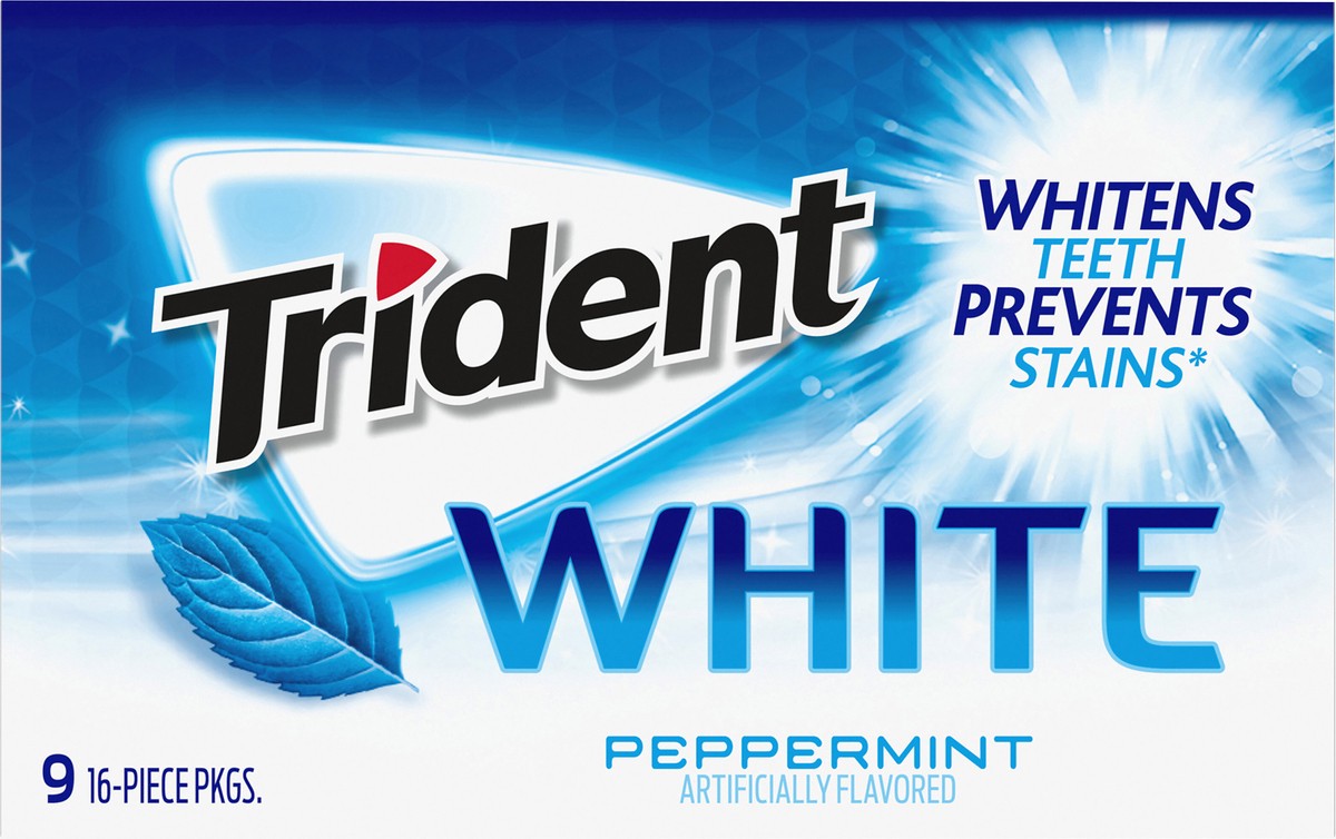 slide 5 of 9, Trident White Peppermint Sugar Free Gum, 9 Packs of 16 Pieces (144 Total Pieces), 7.16 oz