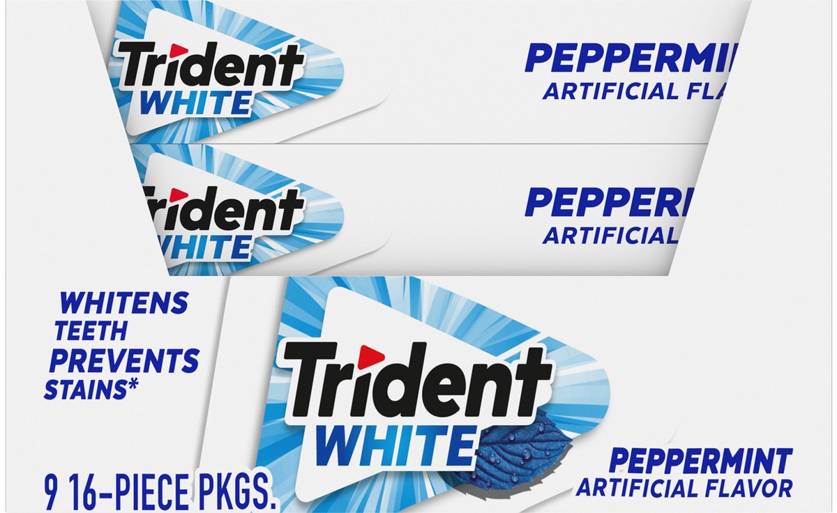 slide 4 of 9, Trident White Peppermint Sugar Free Gum, 9 Packs of 16 Pieces (144 Total Pieces), 7.16 oz