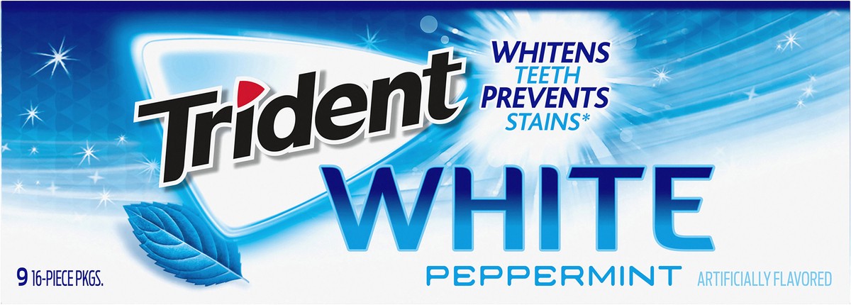 slide 9 of 9, Trident White Peppermint Sugar Free Gum, 9 Packs of 16 Pieces (144 Total Pieces), 7.16 oz