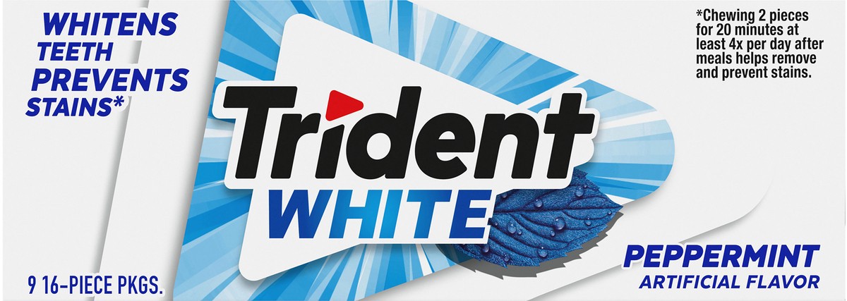 slide 8 of 9, Trident White Peppermint Sugar Free Gum, 9 Packs of 16 Pieces (144 Total Pieces), 7.16 oz