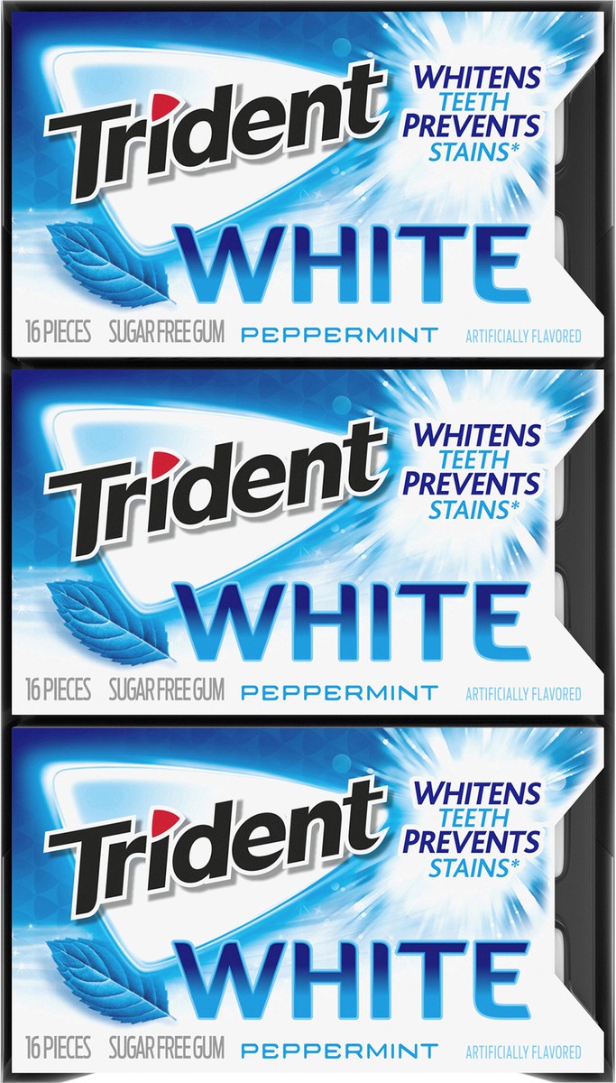 slide 3 of 9, Trident White Peppermint Sugar Free Gum, 9 Packs of 16 Pieces (144 Total Pieces), 7.16 oz