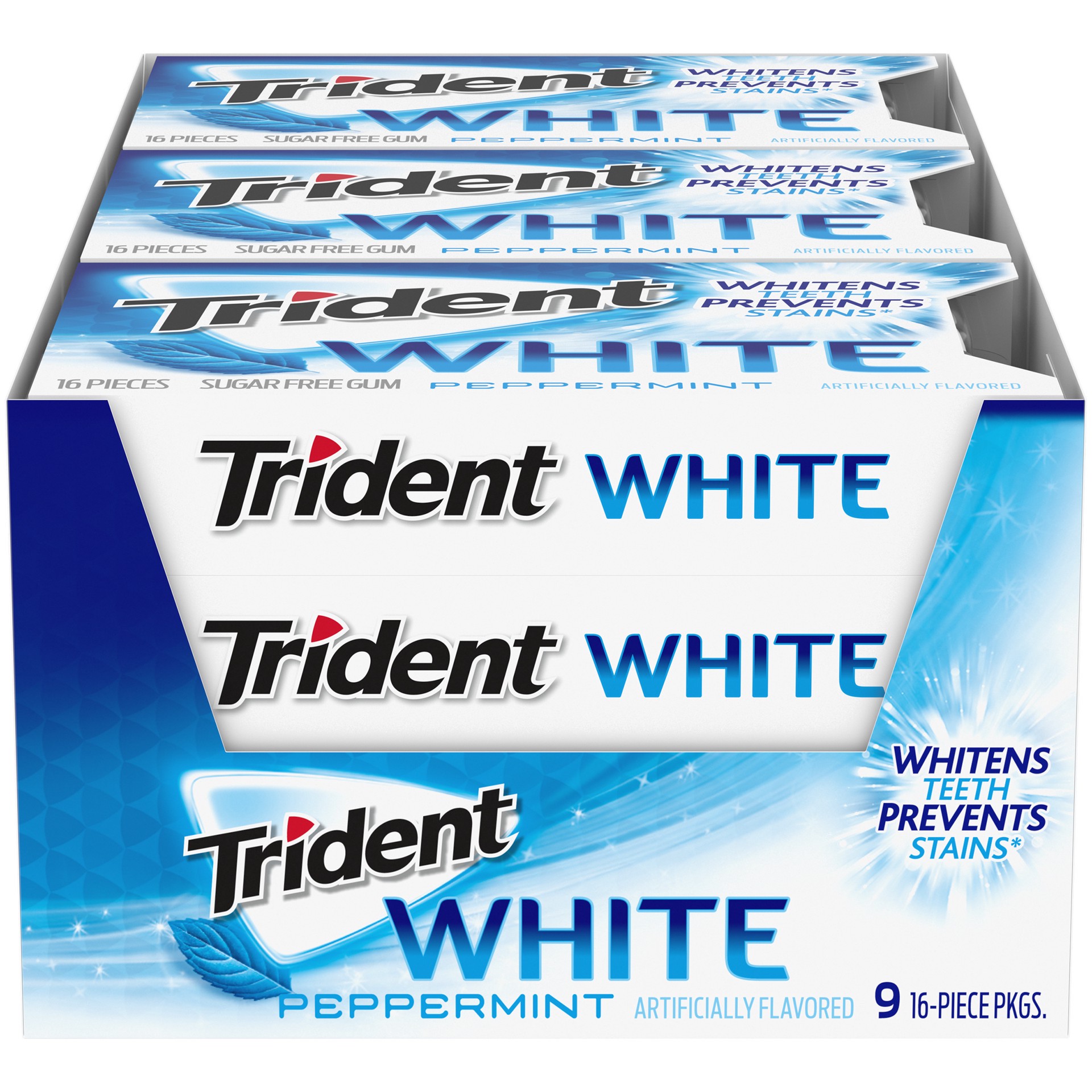 slide 1 of 9, Trident White Peppermint Sugar Free Gum, 9 Packs of 16 Pieces (144 Total Pieces), 7.16 oz