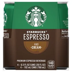 Starbucks Double Shot Espresso Premium Beverage Espresso & Cream 6.5 Fl Oz 4 Count Can