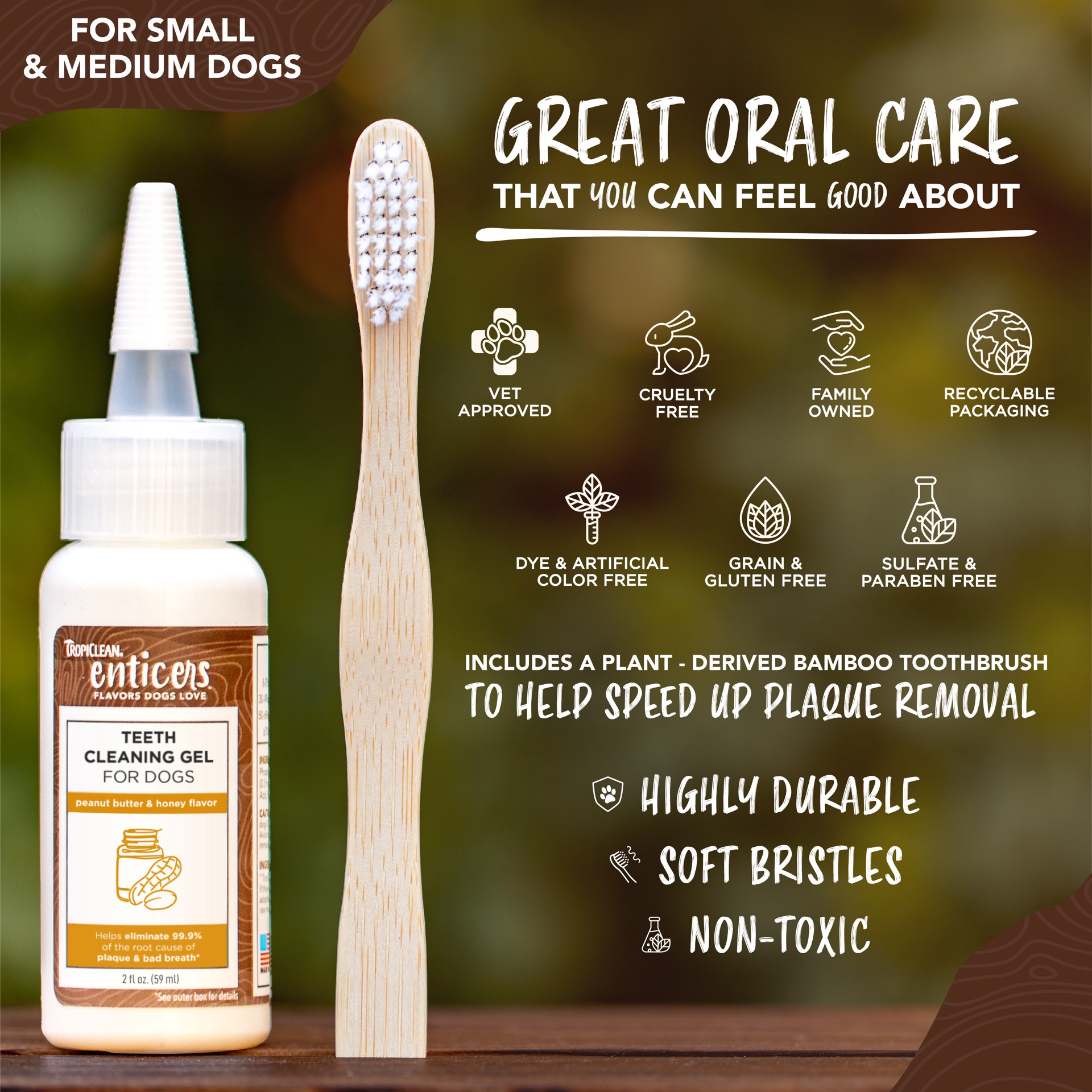 slide 5 of 9, TropiClean Sunsetting - TropiClean Enticers Teeth Cleaning Gel & Toothbrush for S/M Dogs - Peanut Butter & Honey Flavor, 2oz, 2 oz