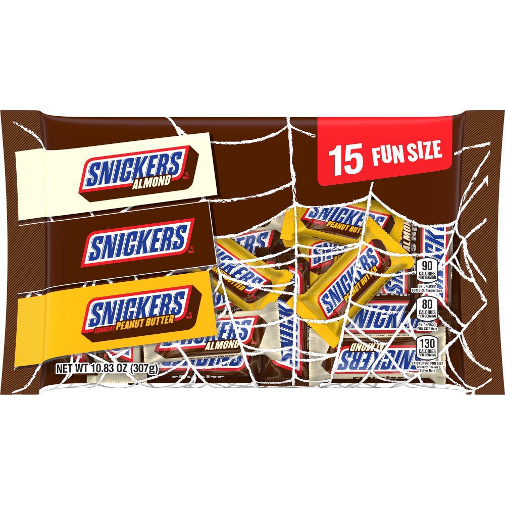 slide 1 of 1, SNICKERS Fun Size Original, Almond, Crunchy Peanut Butter Halloween Candy Assortment, 15 Ct Bag, 10.83 oz