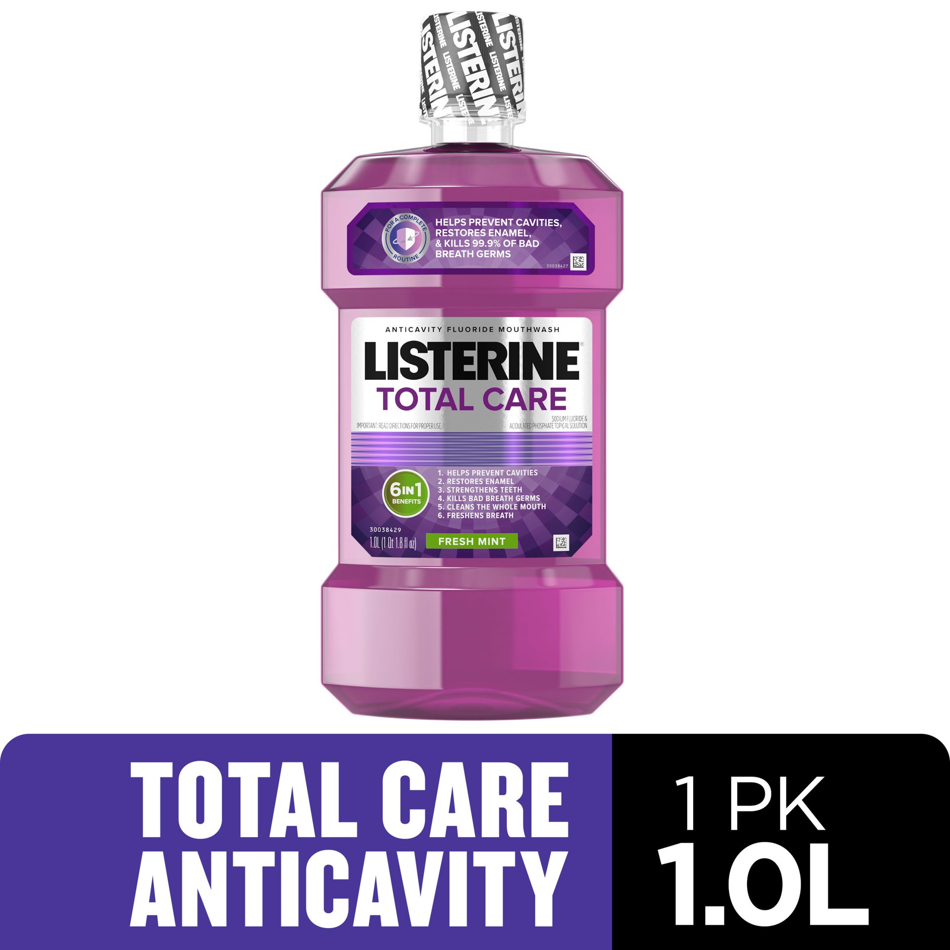 slide 1 of 6, Listerine Total Care Anticavity Fluoride Mouthwash, 6 Benefits in 1 Oral Rinse Helps Kill 99% of Bad Breath Germs, Prevents Cavities, Strengthens Teeth, ADA-Accepted, Fresh Mint, 1 liter