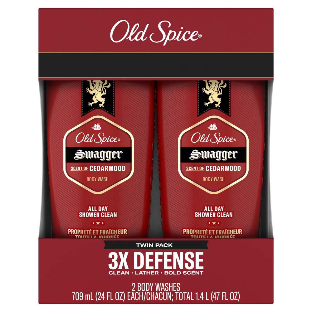 slide 1 of 1, Old Spice Swagger 3X Defense Scent of Cedarwood Body Washes Twin Pack 2 - 24 fl oz Bottles, 24 oz