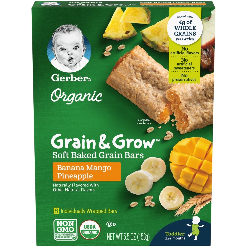 slide 1 of 1, Gerber Gain & Grow Grain Bars, Organic, Banana Mango Pineapple, Soft Baked, Toddler, 5.5 oz