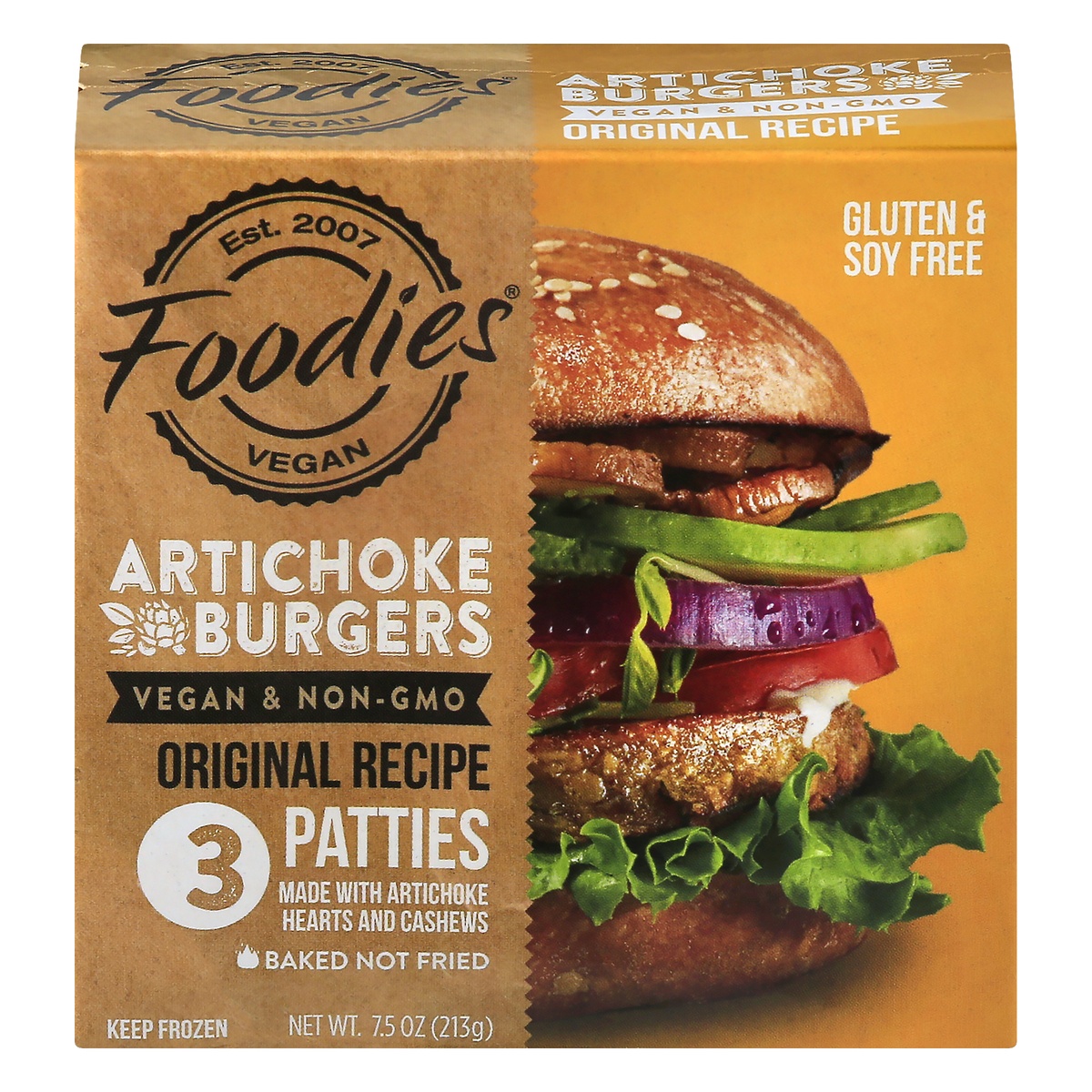 slide 1 of 1, Foodies Vegan Original Gluten & Soy Free Artichoke Burgers, 7.5 oz
