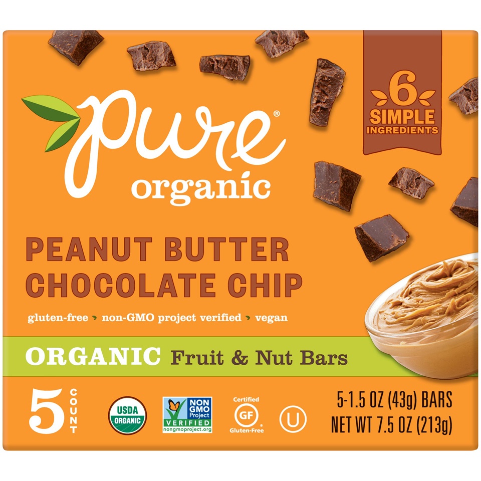 slide 1 of 1, Pure Organic Fruit and Nut Bar Peanut Butter Chocolate Chip, 5 ct