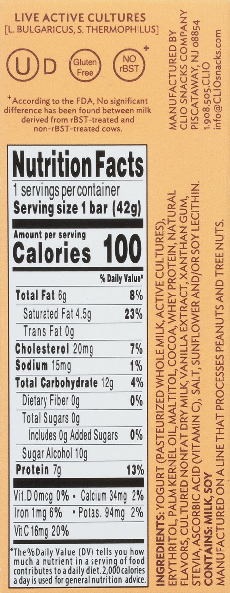 slide 12 of 13, Clio Yogurt Bar, Zero Sugar, Vanilla, 1.48 oz