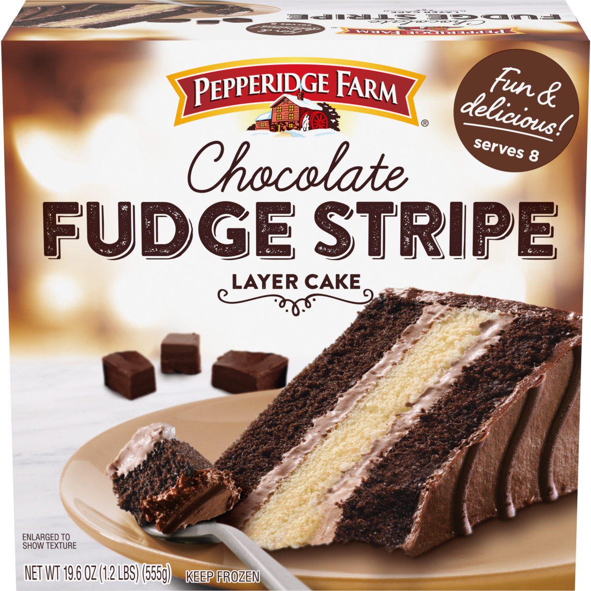 slide 1 of 5, Pepperidge Farm Frozen Chocolate Fudge Stripe Layer Cake, 19.6 oz. Box, 19.6 oz