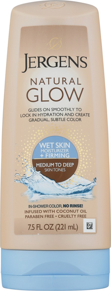 slide 7 of 9, Jergens Natural Glow +FIRMING In-shower Sunless Tanning Lotion, Self Tanner for Medium to Deep Skin Tone, Anti Cellulite Firming Body Lotion, for Gradual and Natural-Looking Fake Tan, 7.5 Ounce, 7.50 fl oz