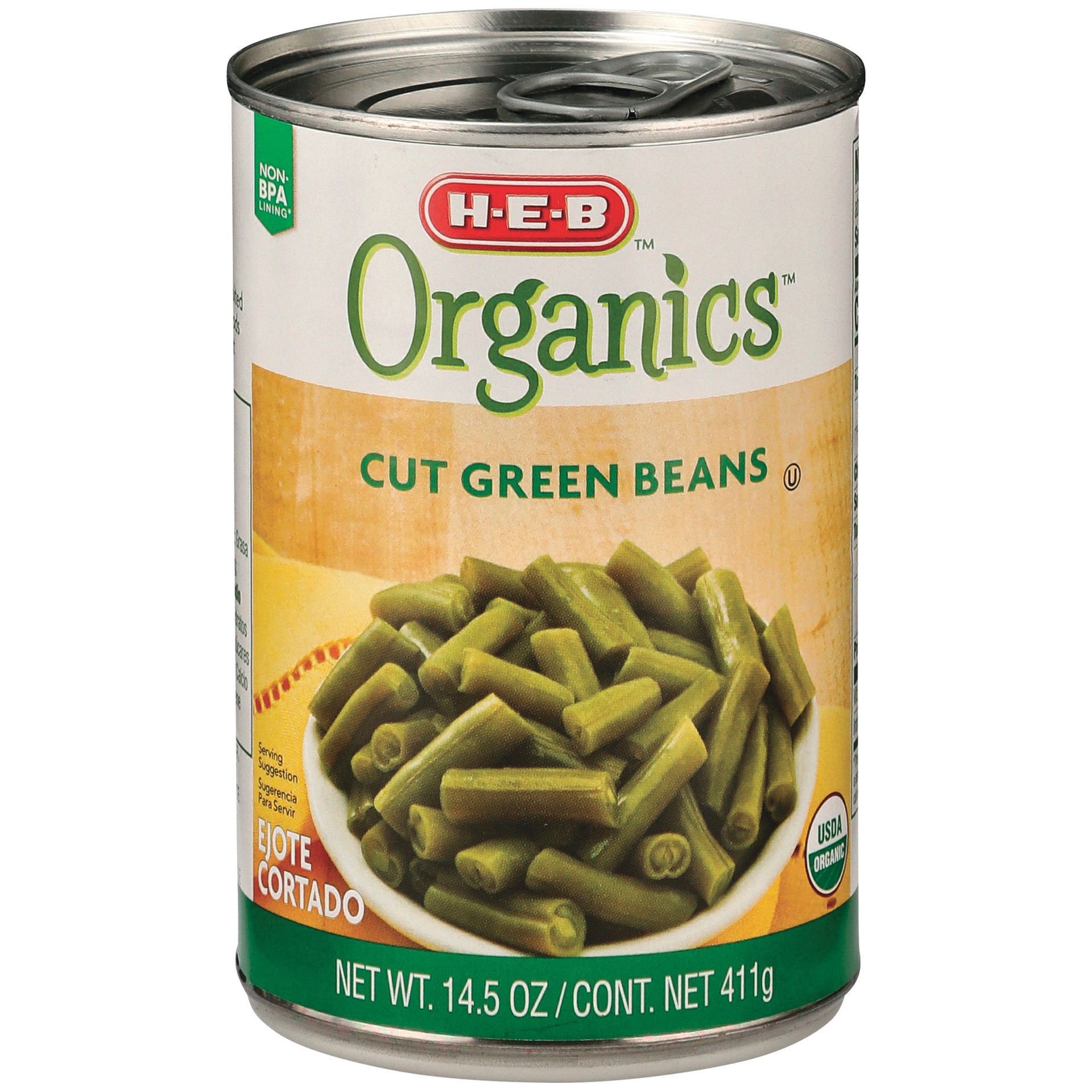 slide 1 of 1, H-E-B Organics Cut Green Beans, 14.5 oz
