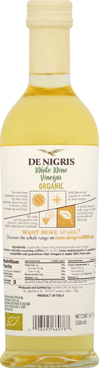 slide 4 of 10, De Nigris Organic White Wine Vinegar, 16.9 oz