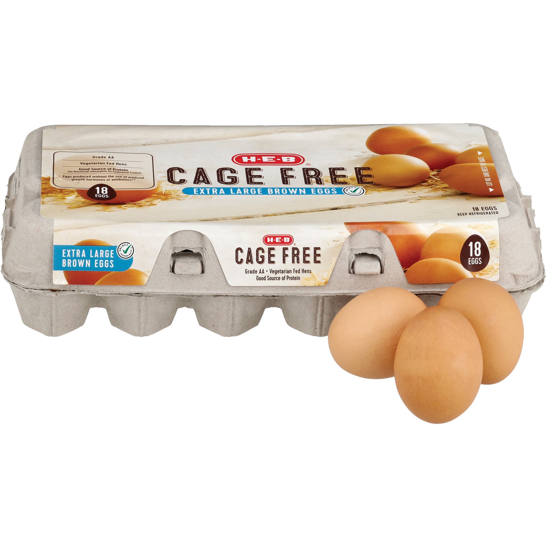 slide 1 of 1, H-E-B Cage Free Extra Large Brown Eggs, 18 ct