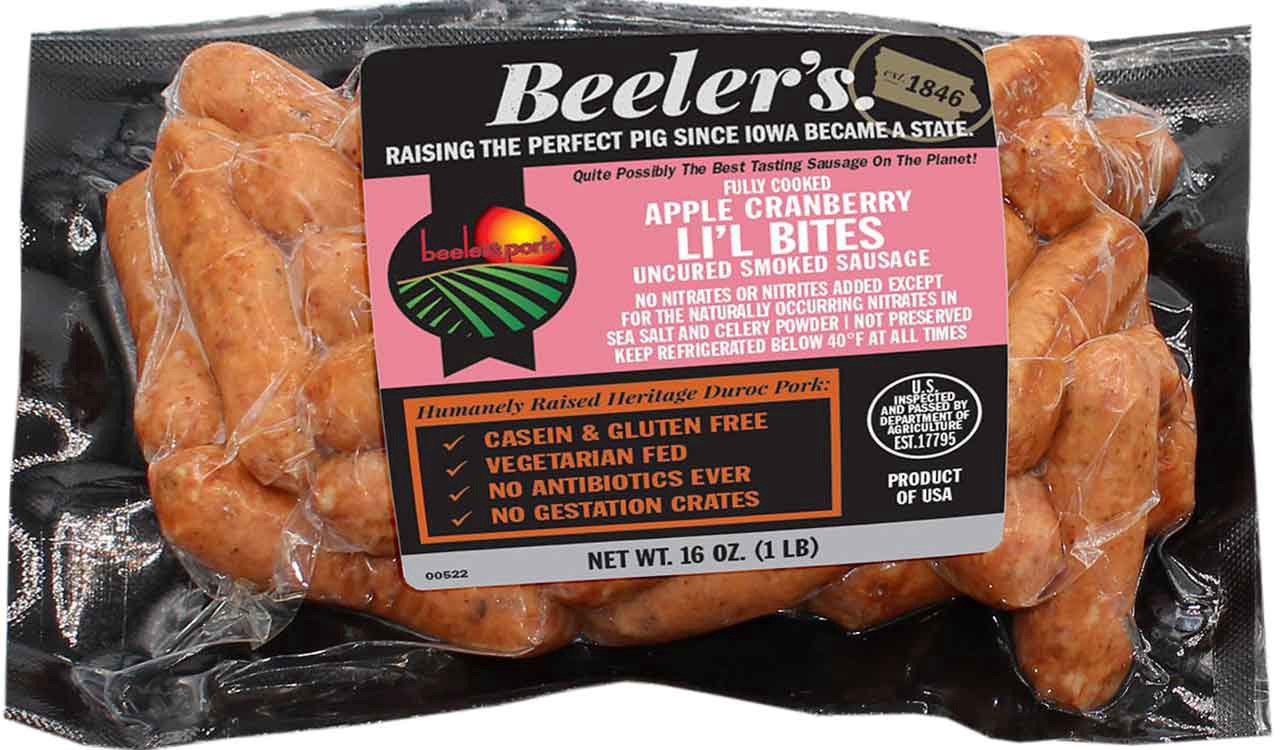 slide 1 of 1, Beeler's Apple Cranberry Li'l Bites Smoked Sausages, 16 oz