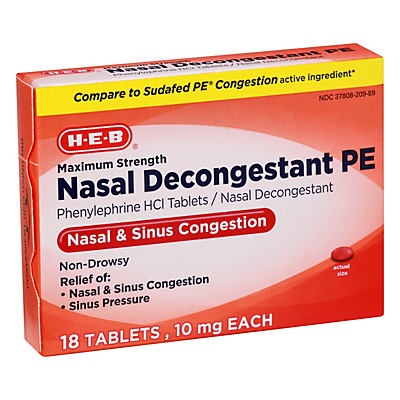 slide 1 of 1, H-E-B Nasal Decongestant PE, Maximum Strength, Non-Drowsy Tablets, 18 ct