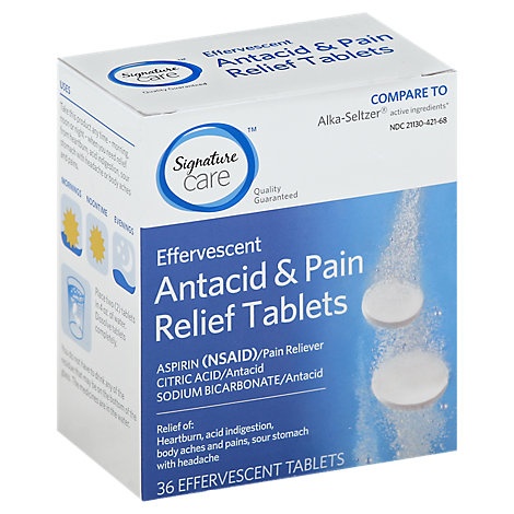 slide 1 of 1, Signature Care Antacid & Pain Relief Effervescent Tablets, 36 ct