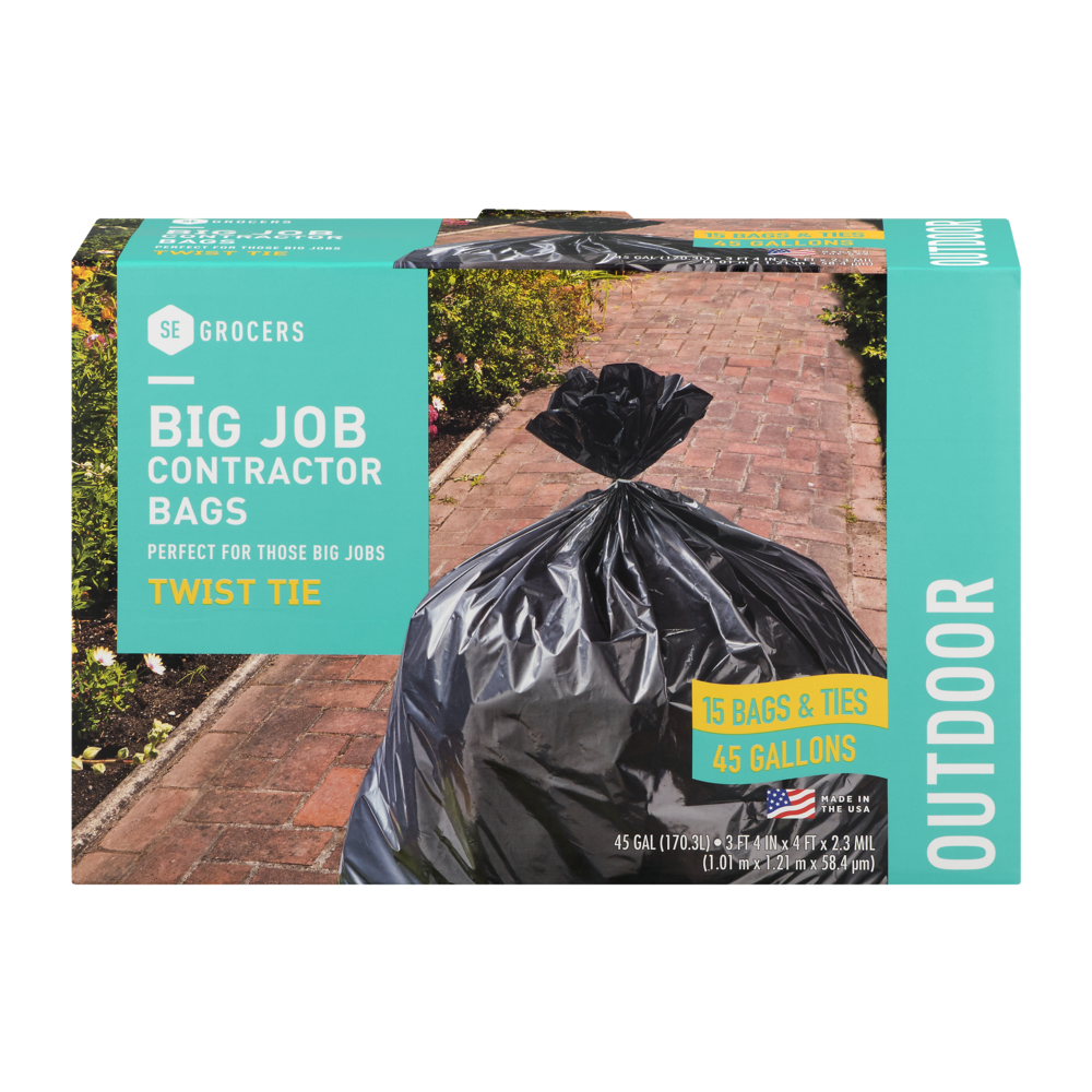 slide 1 of 1, SE Grocers Big Job Contractor Bags Twist Tie Outdoor, 15 ct