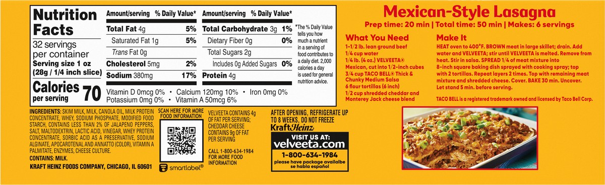 slide 7 of 9, Velveeta Mexican Pasteurized Recipe Cheese Product with Jalapeno Peppers, 32 oz Block, 32 oz