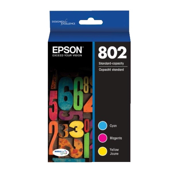 slide 1 of 1, Epson Durabrite T802520-S Cyan/Magenta/Yellow Ink Cartridges, Pack Of 3, 3 ct