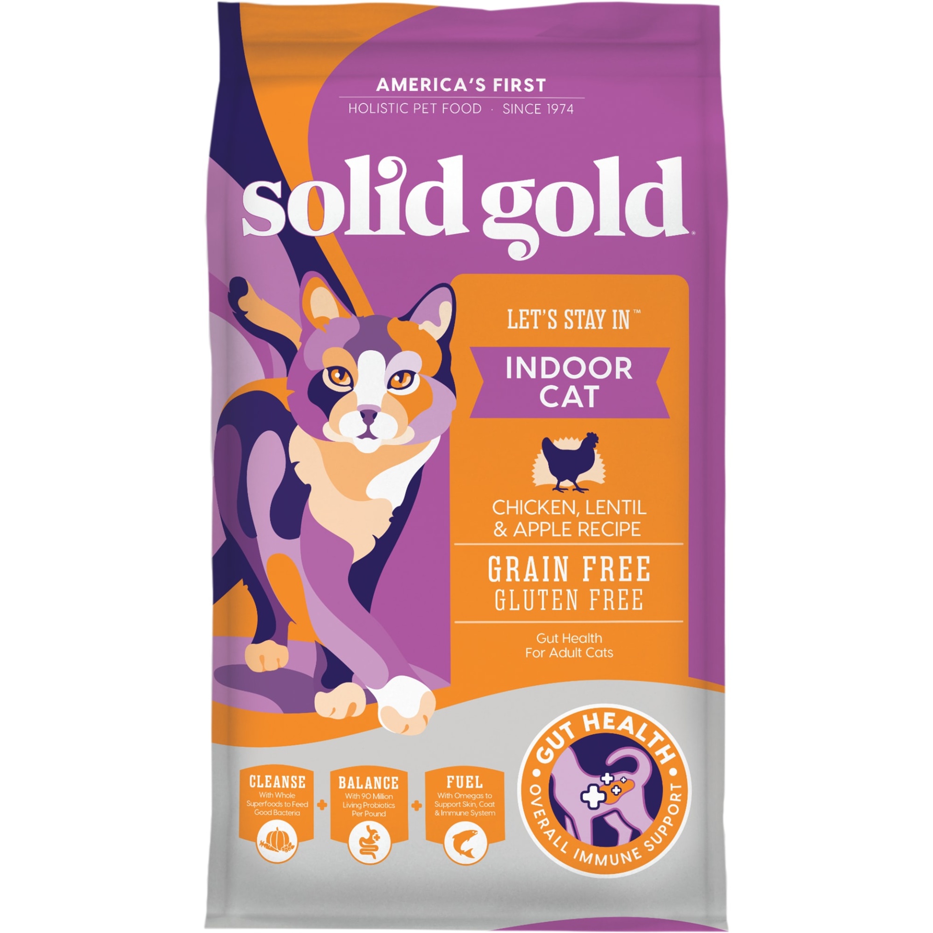 slide 1 of 1, Solid Gold Let's Stay In Indoor Cat Chicken, Lentil & Apple Recipe for Adult Cats; Grain Free Dry Food with Superfoods, 12 lb