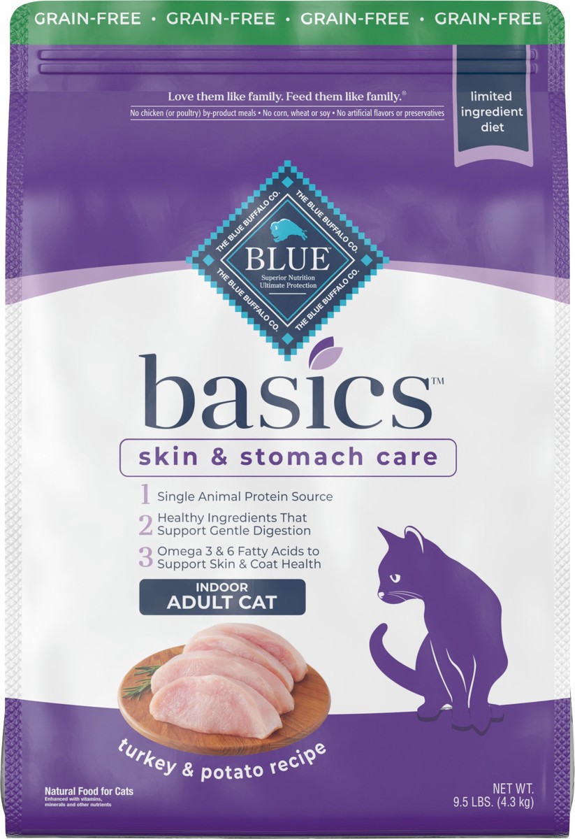 slide 3 of 12, Blue Buffalo Basics Skin & Stomach Care Grain Free, Natural Indoor Adult Dry Cat Food, Turkey & Potato 9.5-lb, 9.5 lb