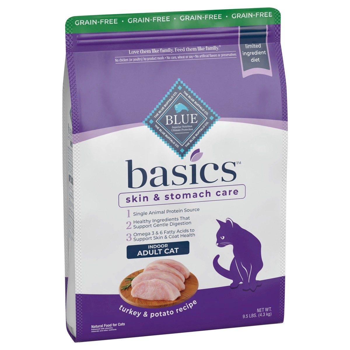 slide 6 of 12, Blue Buffalo Basics Skin & Stomach Care Grain Free, Natural Indoor Adult Dry Cat Food, Turkey & Potato 9.5-lb, 9.5 lb