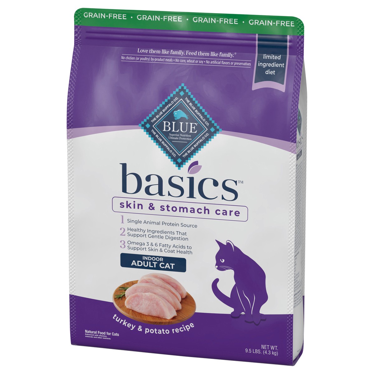 slide 7 of 12, Blue Buffalo Basics Skin & Stomach Care Grain Free, Natural Indoor Adult Dry Cat Food, Turkey & Potato 9.5-lb, 9.5 lb