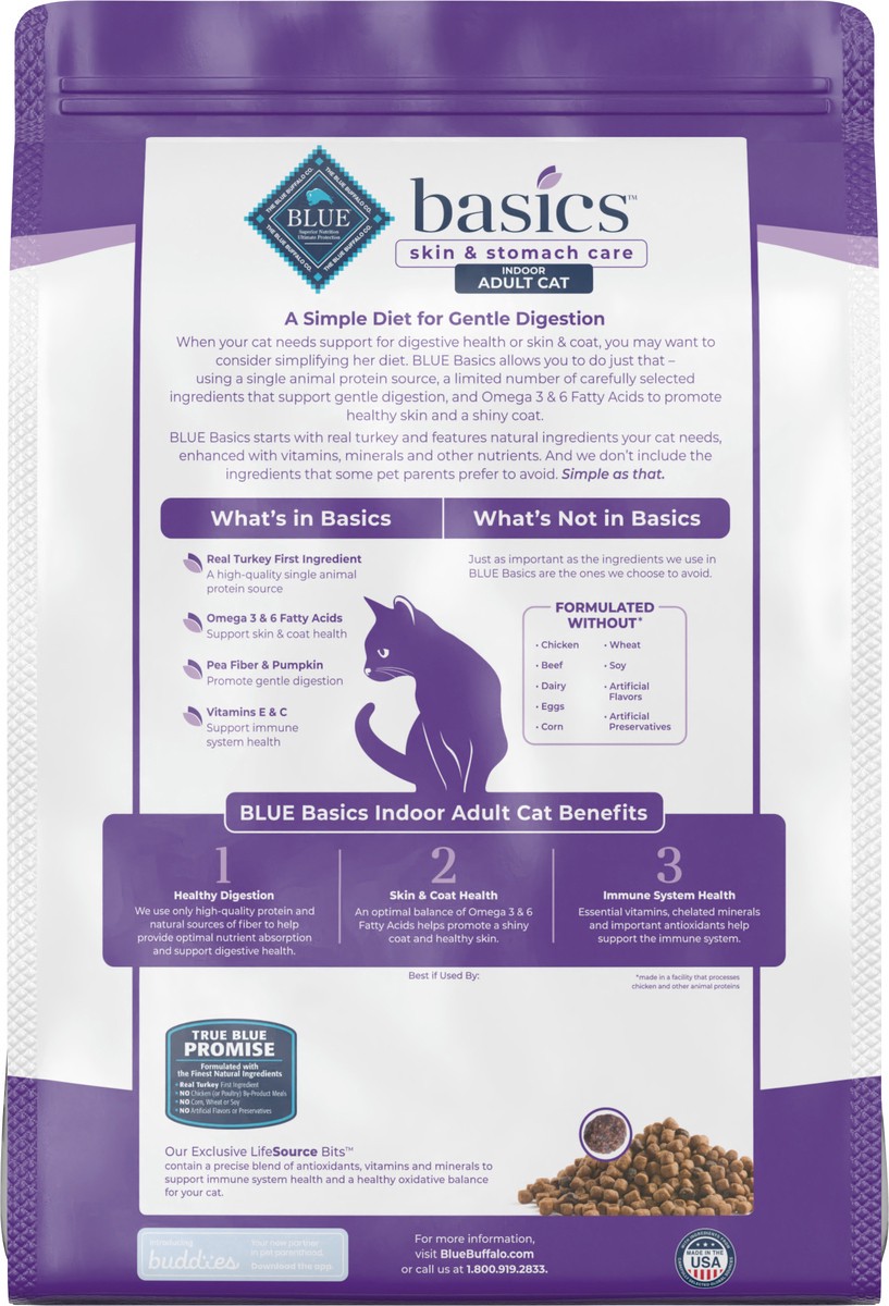 slide 10 of 12, Blue Buffalo Basics Skin & Stomach Care Grain Free, Natural Indoor Adult Dry Cat Food, Turkey & Potato 9.5-lb, 9.5 lb