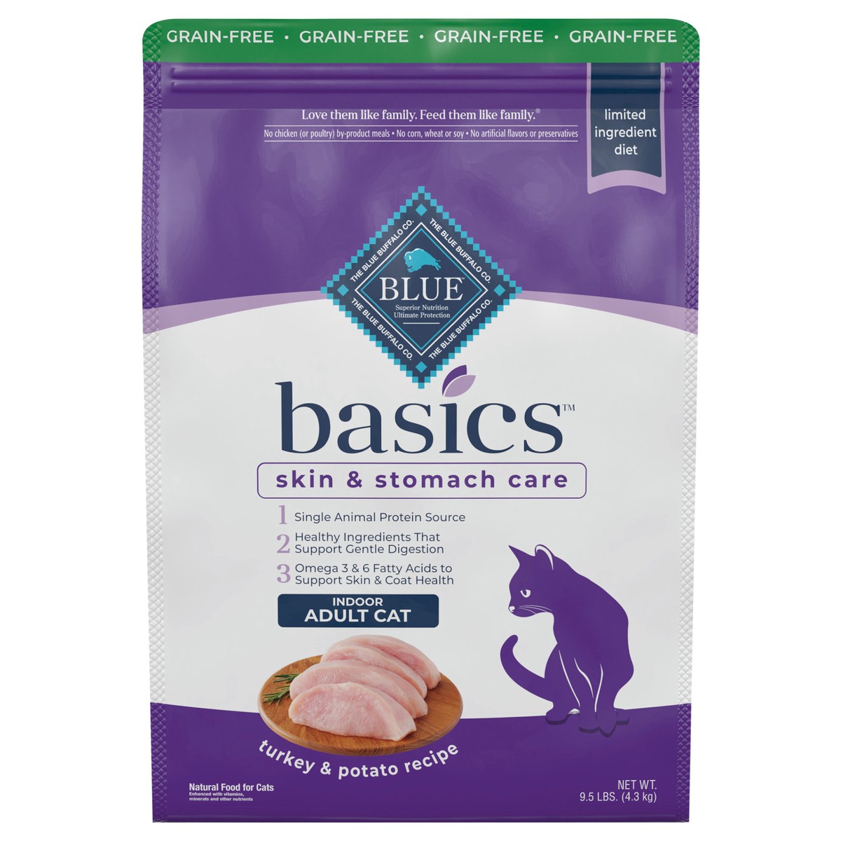 slide 1 of 12, Blue Buffalo Basics Skin & Stomach Care Grain Free, Natural Indoor Adult Dry Cat Food, Turkey & Potato 9.5-lb, 9.5 lb