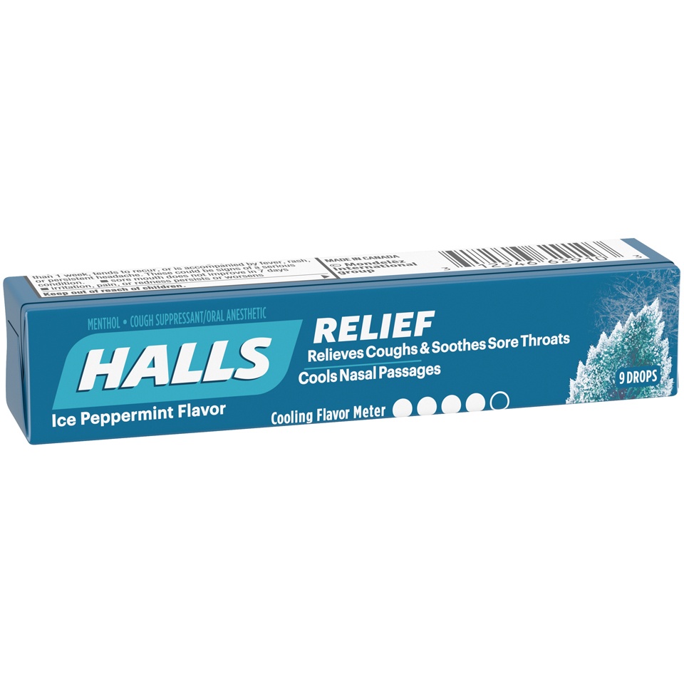 slide 3 of 6, Halls Menthol Cough Suppressant Oral Anesthetic Drops Ice Peppermint Flavor, 9 ct