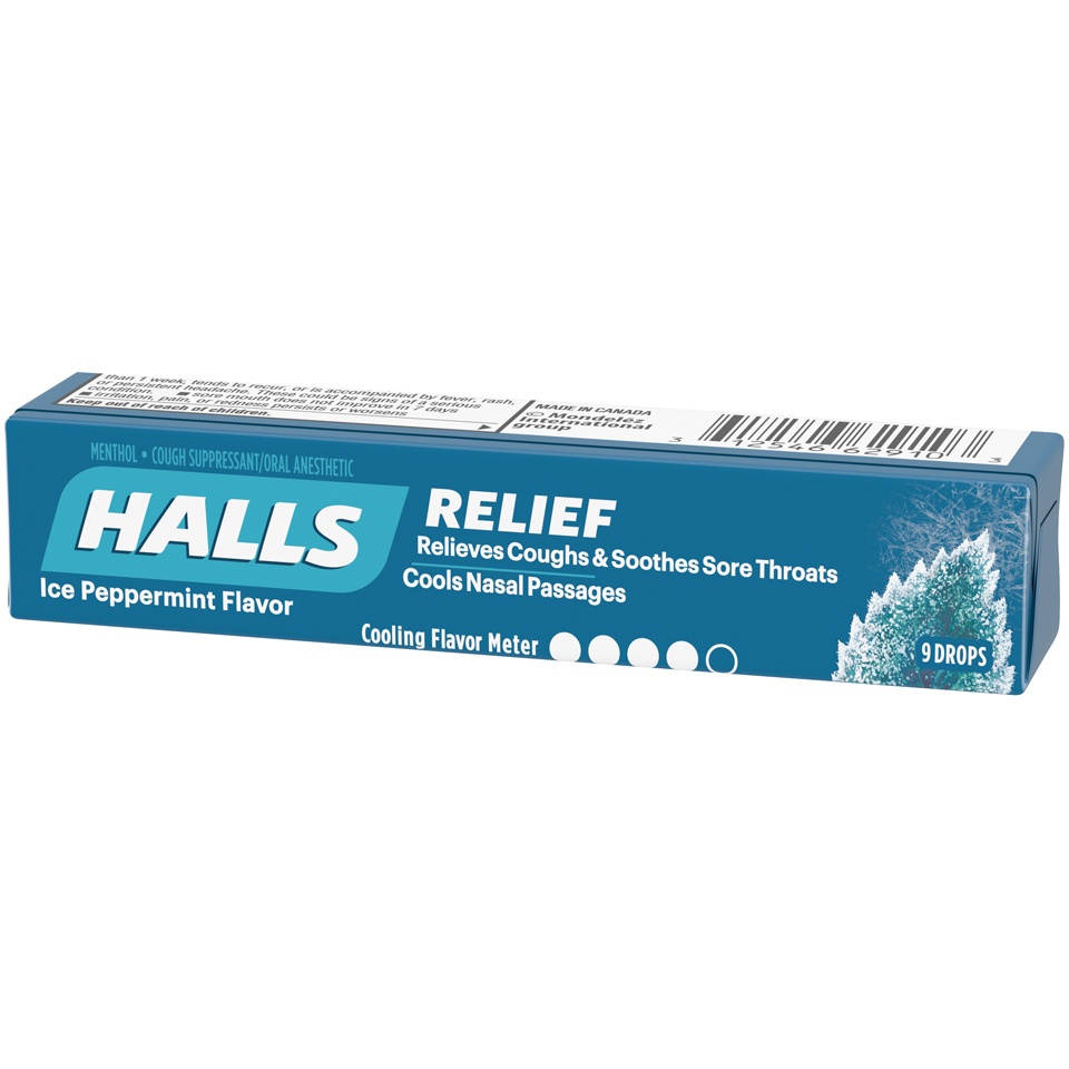 slide 4 of 6, Halls Menthol Cough Suppressant Oral Anesthetic Drops Ice Peppermint Flavor, 9 ct